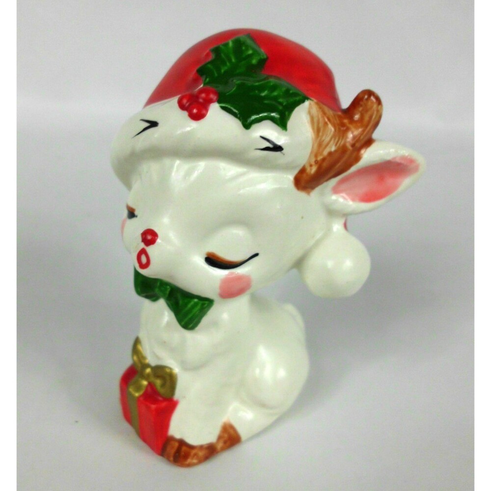 Vintage Napcoware Kissing Reindeer Salt Pepper Shaker Christmas Hat Bow Gift